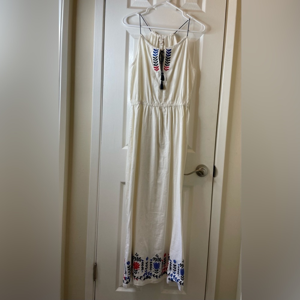 J.Crew Linen Blend Off White Embroidered Midi Dress